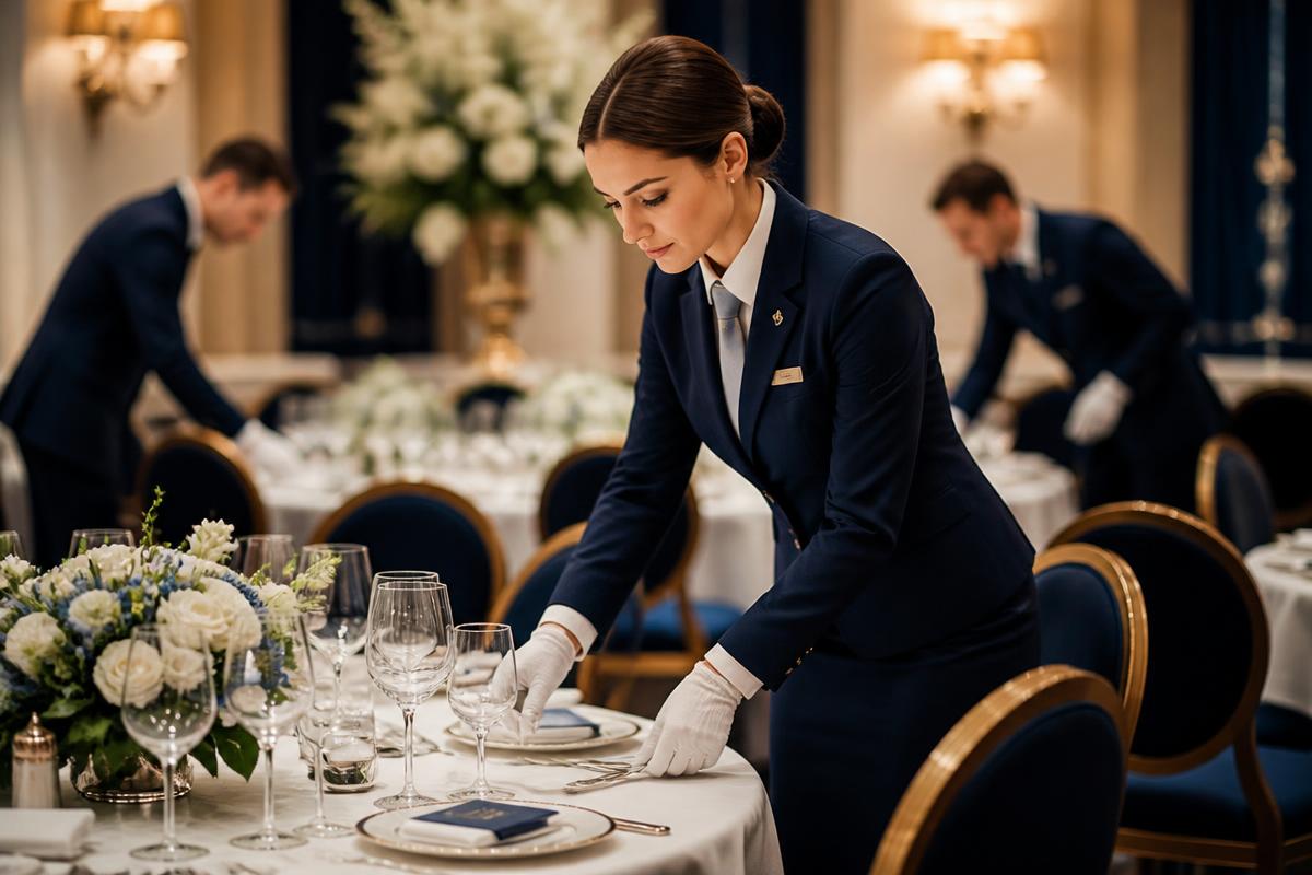 Professional waitstaff serving at an elegant banquet